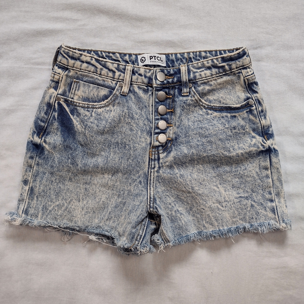 PTCL High Rise Distressed Cut Off Acid Wash Denim Shorts Light Blue Size 27